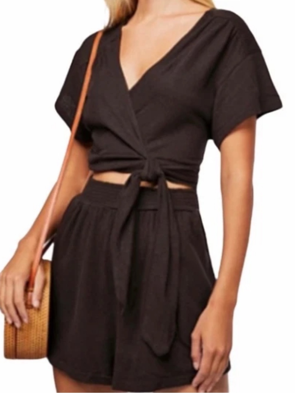 Free People Cotton / Linen Blend Cut Out Wrap Romper, Chocolate Brown – Small